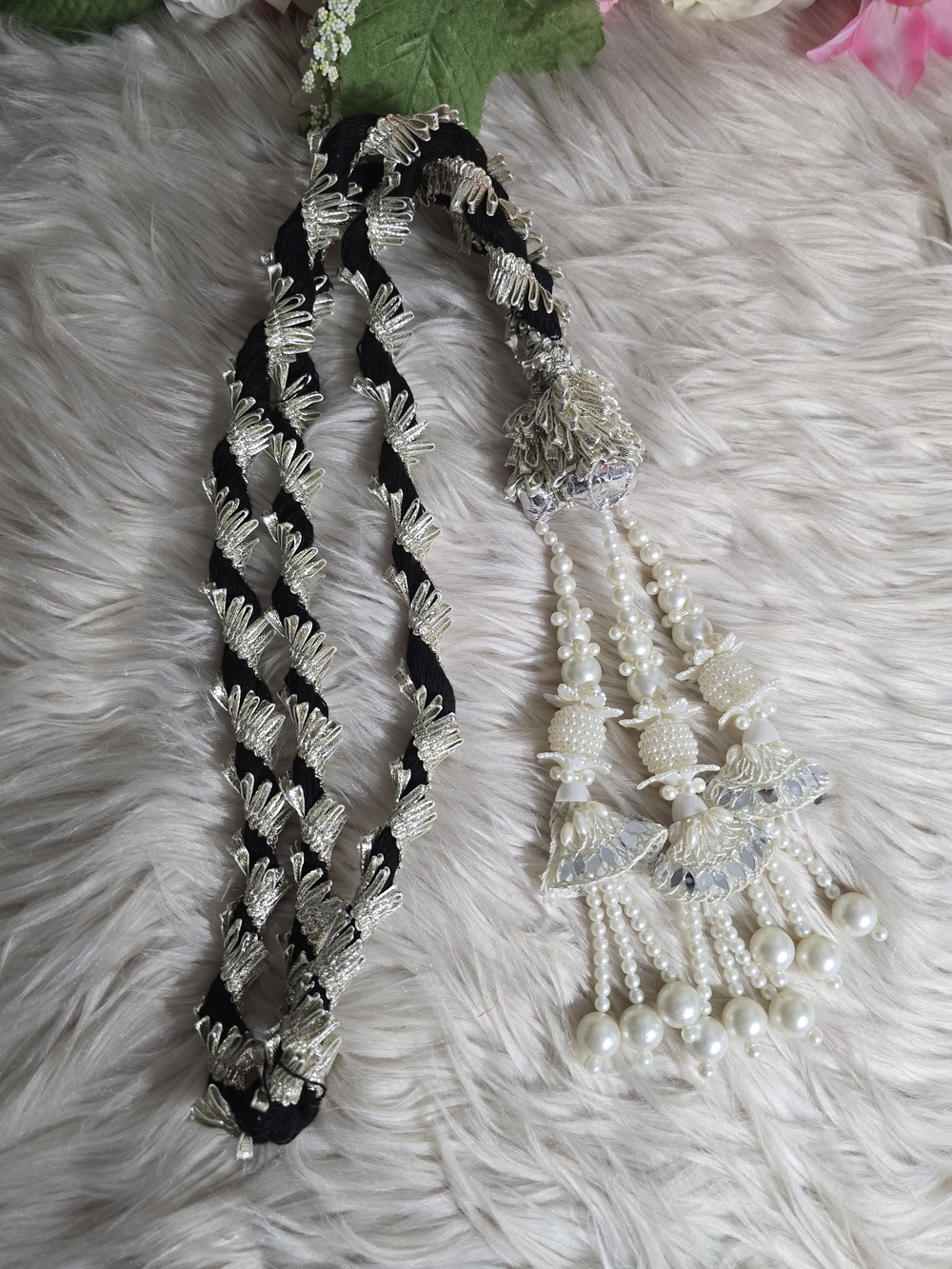Decorative Black and Silver Braided Tassel Paranda with Pearl Fringe
